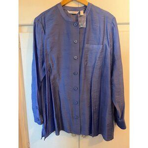 NWT Isaac Mizrahi Button Down Blouse, Mandarin Collar Long Sleeve, Blue, Size 12